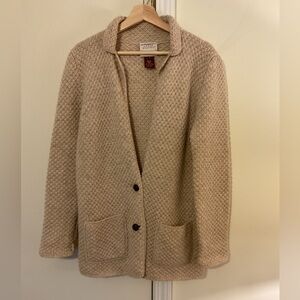 Susan Bristol 100% Shetland Wool Oatmeal Dark Brown Button Down Cardigan Sz S
